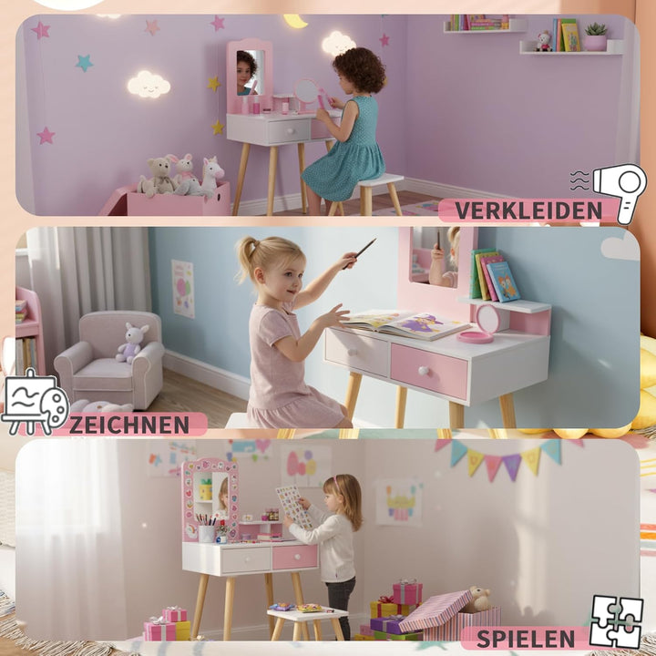 Clevich 2 in 1 Schminktisch Kinder Set, Prinzessin Frisiertisch mit Abnehmbarem Spiegel, 2 Schublade