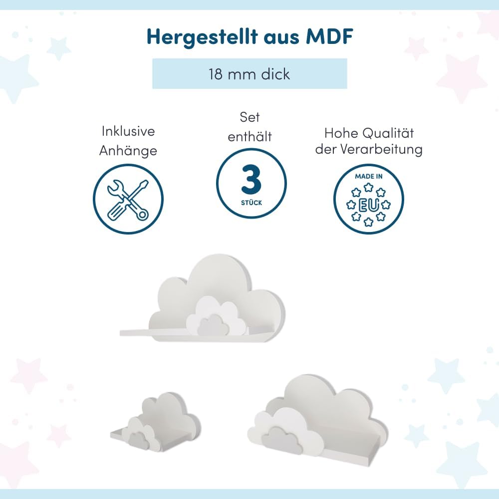 3er Set Wandregal Kinderzimmer Weiss | Babyzimmer Wolkenregal für Bücher, Spielzeug, Dekoration | Re