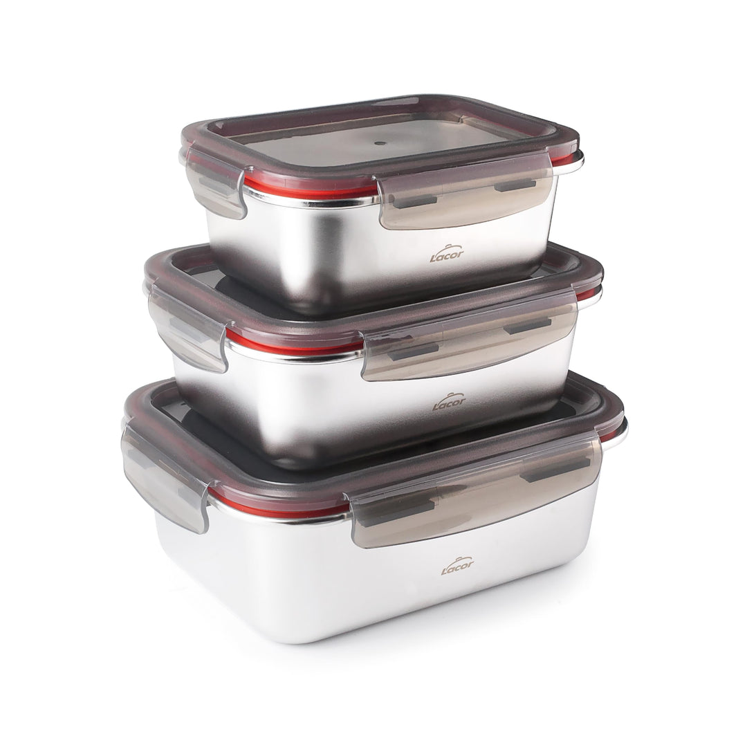 LACOR 64617 - Set mit 3 Behältern für Lebensmittel, Ecoinox, Edelstahl 18/10, 800/1200/1800 ml, geei