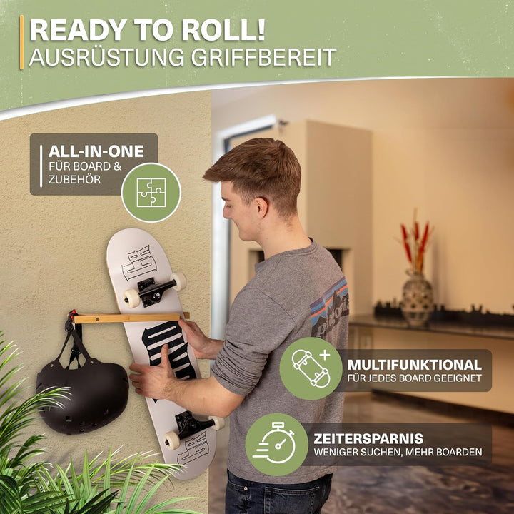 CRID Skateboard Wandhalterung aus Bambus - Universal Halterung für Skateboard, Longboard, Snowboard,