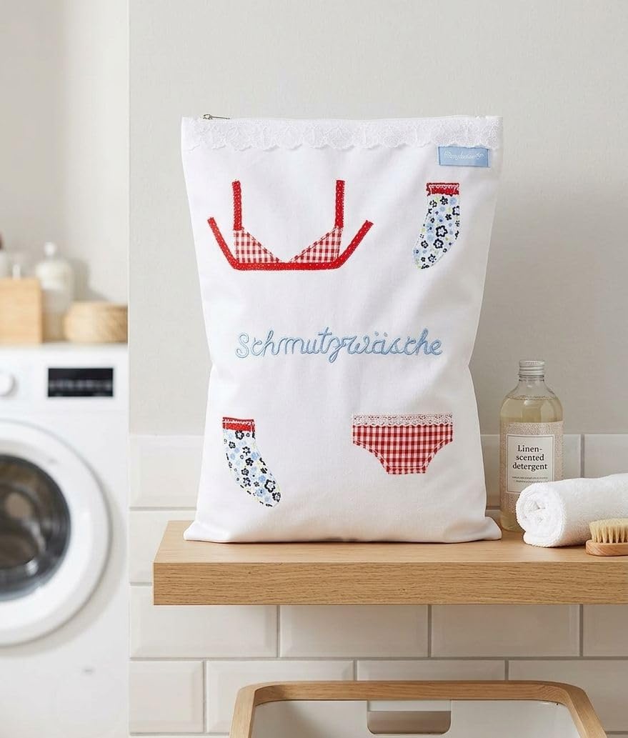 Wäschebeutel Aufbewahrung schmutzige Wäsche weiss 38 x 27 cm bestickt Baumwolle Fair Trade Ringelsus