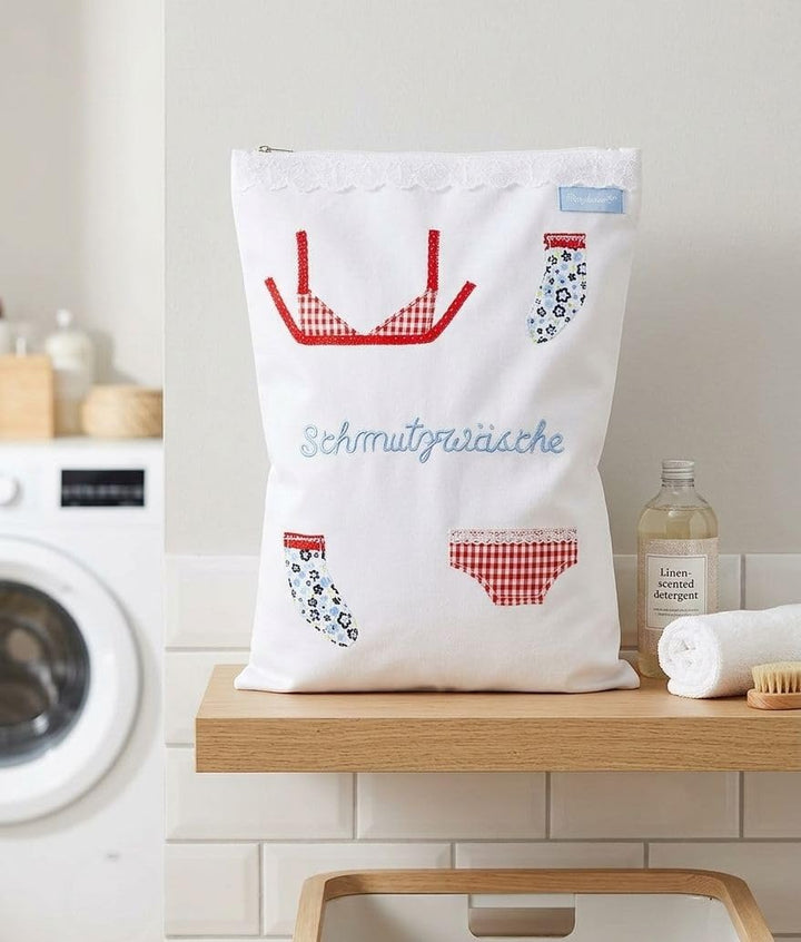 Wäschebeutel Aufbewahrung schmutzige Wäsche weiss 38 x 27 cm bestickt Baumwolle Fair Trade Ringelsus