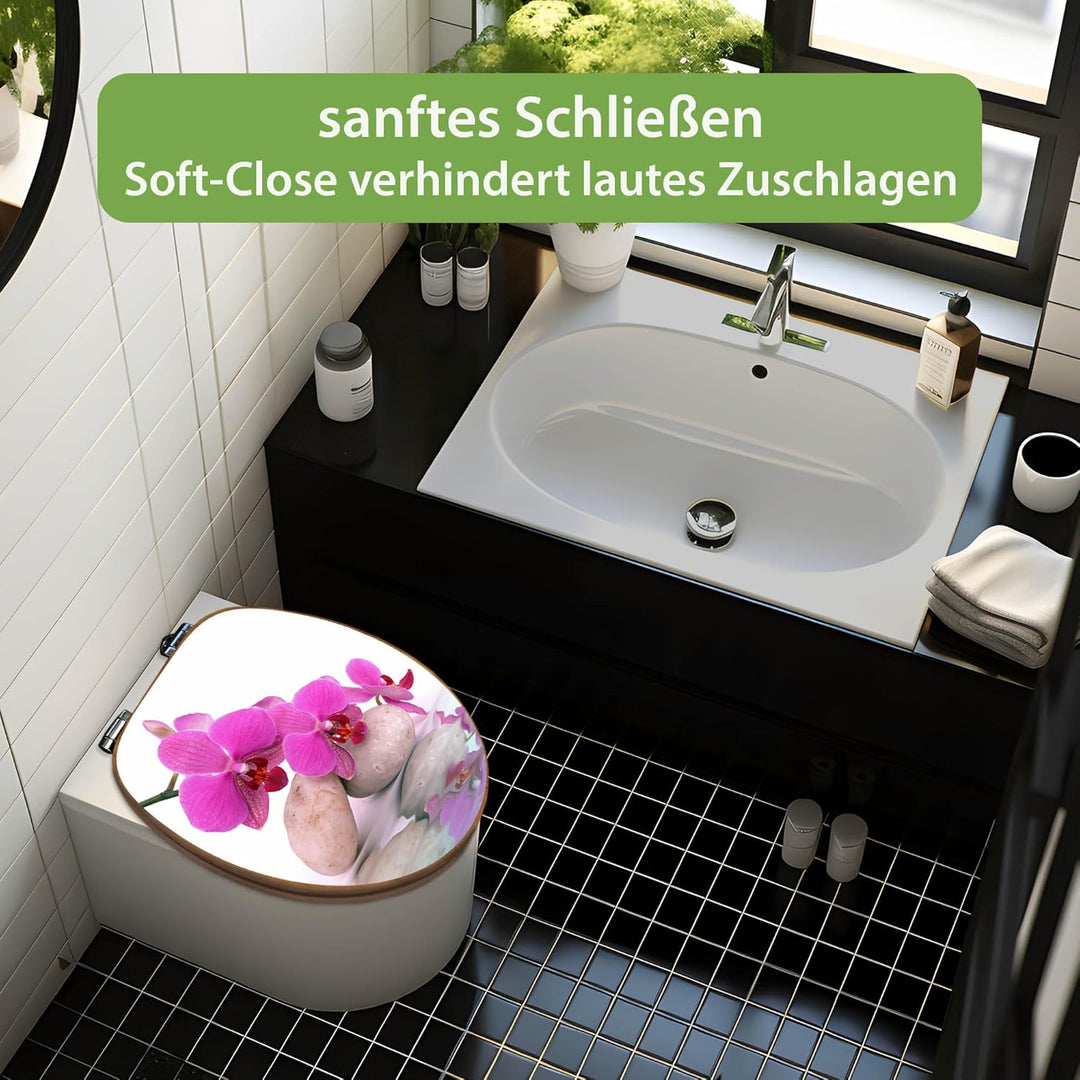 banjado® Design WC Sitz Bambus Absenkautomatik mit Motiv Orchidee/Toilettendeckel mit Absenkautomati