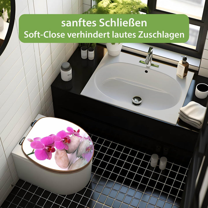 banjado® Design WC Sitz Bambus Absenkautomatik mit Motiv Orchidee/Toilettendeckel mit Absenkautomati