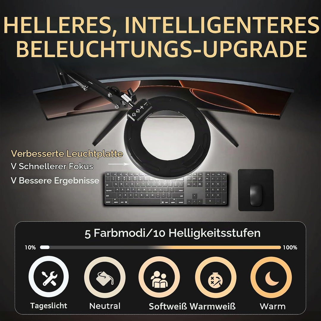 SAVSOO Lupe mit Touch Control Licht und Ständer - LED Lupenleuchte in Schwarz, Klemme, 5 Farbmodi, s