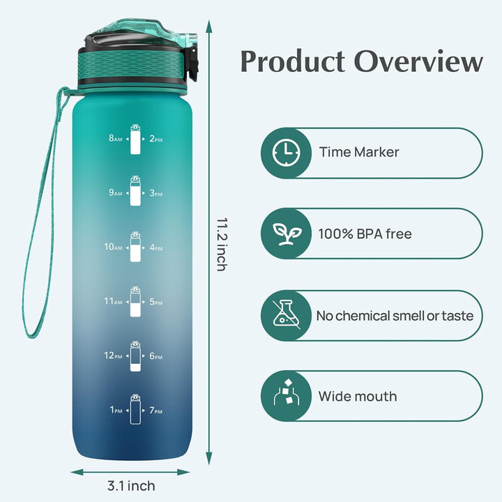 Trinkflasche, 1L Sport-Wasserflasche mit Strohhalm, Zeitmarkierungen, auslaufsicher, BPA-freiTritan,