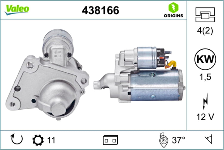 VALEO 438166 Starter Nennleistung: 1,5 kW Stop & Start: NO Zähnezahl: 11 zähne Spannung: 12 V Drehri