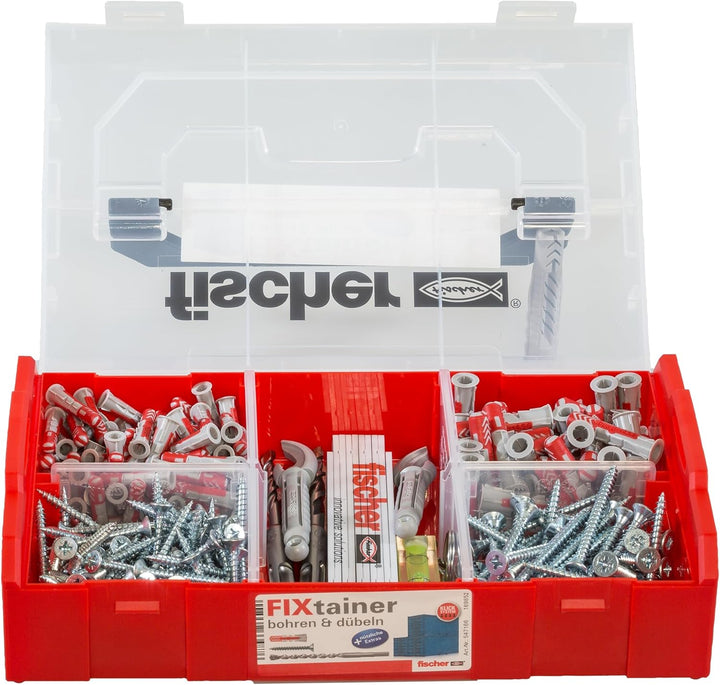 fischer 547166 FIXtainer DUOPOWER bohren & dübeln, Dübelbox mit 306 Teilen, inkl. Dübel, Schrauben,
