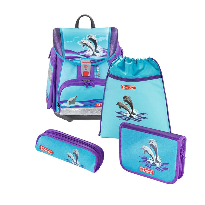 Step by Step Schulranzen-Set Touch 2 „Happy Dolphins“ 4-teilig, lila-blau, Traktoren-Design, ergonom