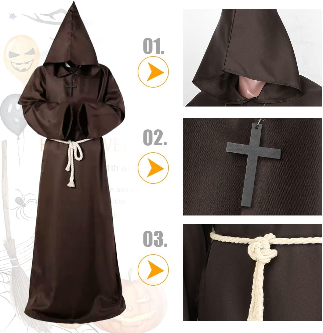 Wishstar Mönch Robe, L Mittelalterliche Renaissance Robe, Kostüm Mönch mit Kapuze und Kordel, Braun