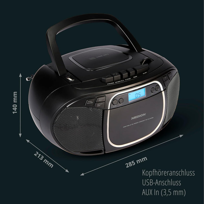 MEDION E66476 Stereo Sound System (Boombox, CD-Player, MP3, Kassette, tragbarer Kassettenspieler für