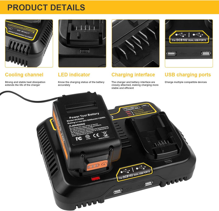 Ladegerät für Dewalt DCB115 18 V XR, KEATFE Dual 3 A, 12 V-20 V MAX Lithium-Ionen-Akku mit 2 USB-Ans