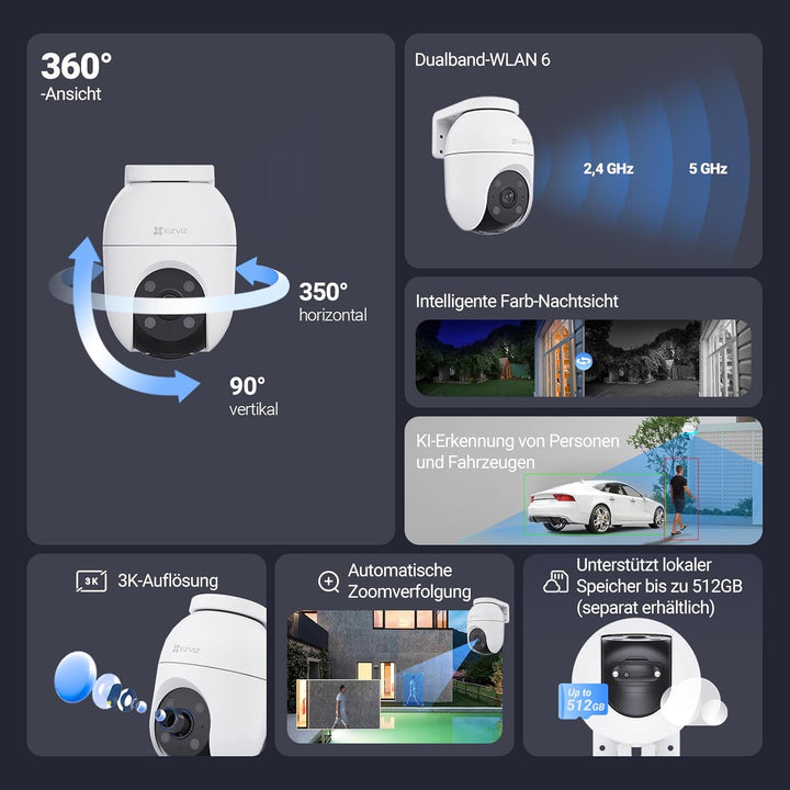 EZVIZ 5MP Pan&amp;Tilt Überwachungskamera Aussen WLAN, 360° PTZ, Personen-/Fahrzeugerkennung, Zwei-Wege-