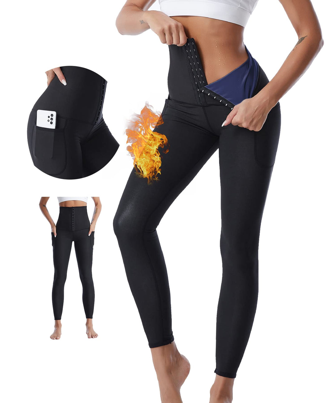 Merlvida Schwitzhose zum Abnehmen Sauna Leggings Damen High Waist Sportleggins mit Taschen Hot Therm