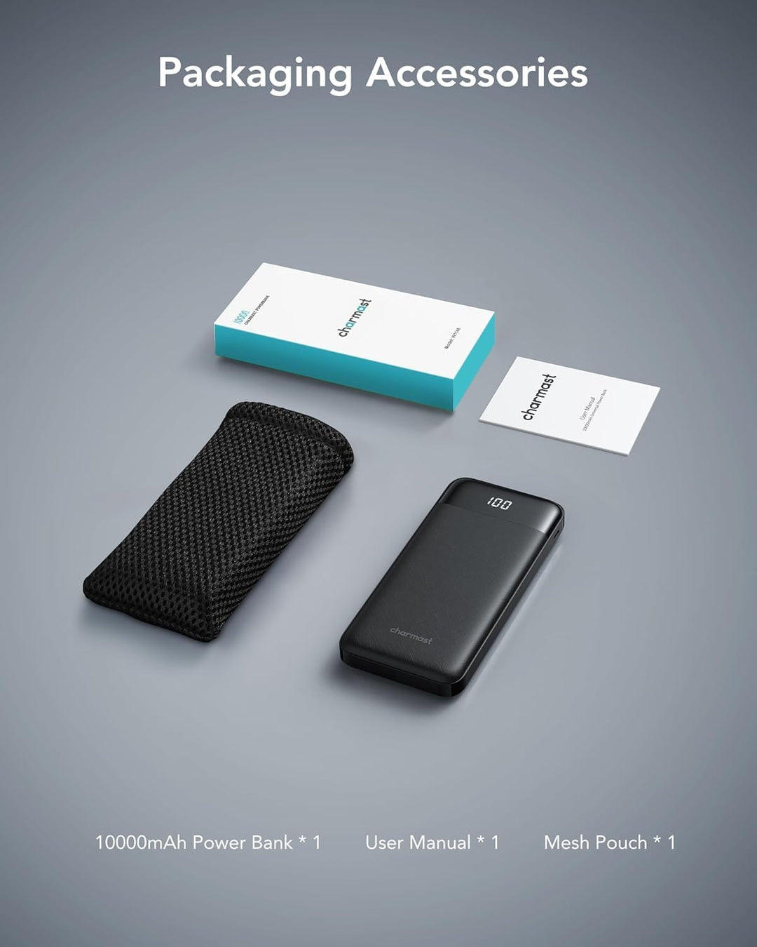 Charmast Externer Akku 10000 mAh mit 4 integrierten Kabeln tragbarer Akku USB C Slim Power Bank mit