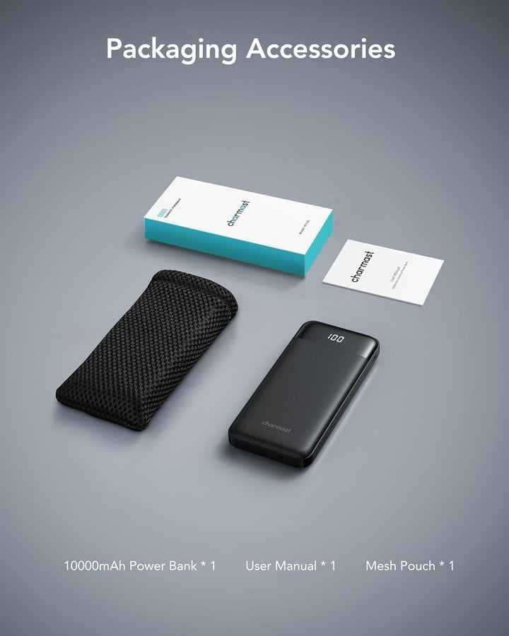 Charmast Externer Akku 10000 mAh mit 4 integrierten Kabeln tragbarer Akku USB C Slim Power Bank mit