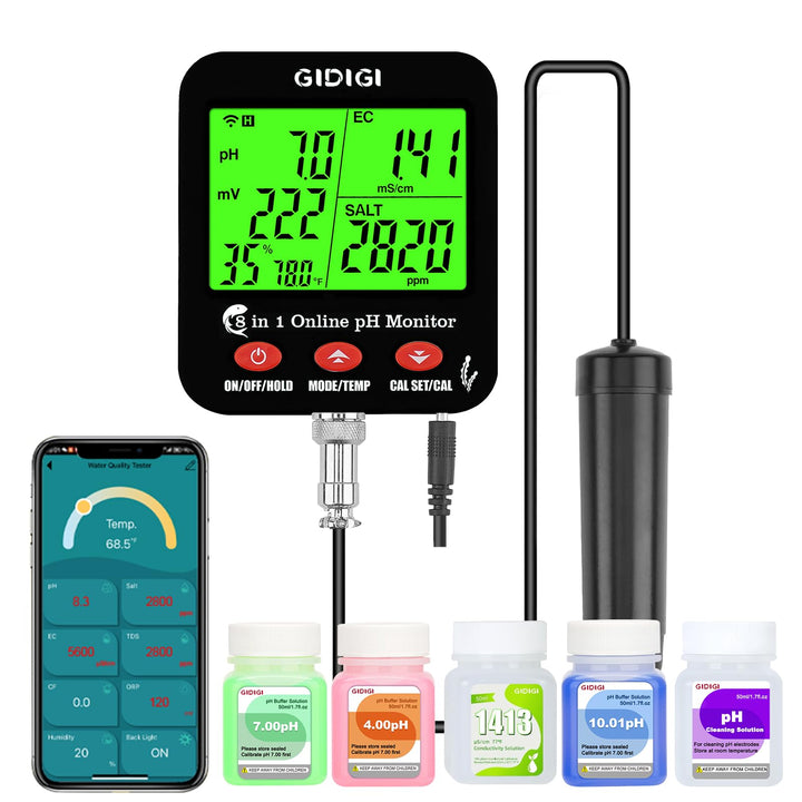 8-in-1 WiFi Water Smart pH/EC/TDS/Salz Messgerät mit ORP, Feuchtigkeits und Temp, Digitaler Hydrokul