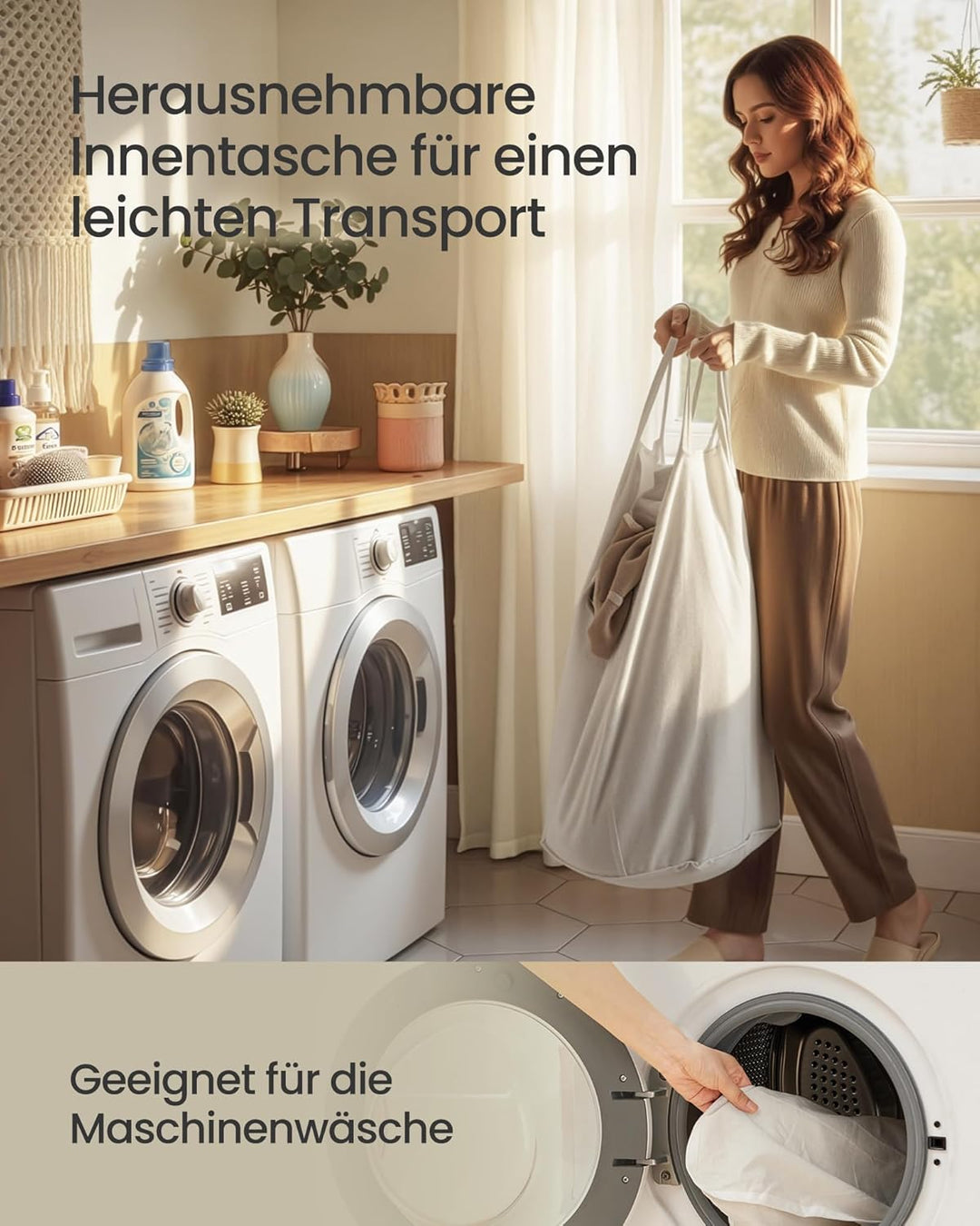 SONGMICS Wäschekorb mit Deckel, 90 L, Wäschesammler Bambus, rund, Wäschebox mit Griffen, faltbar, Wä