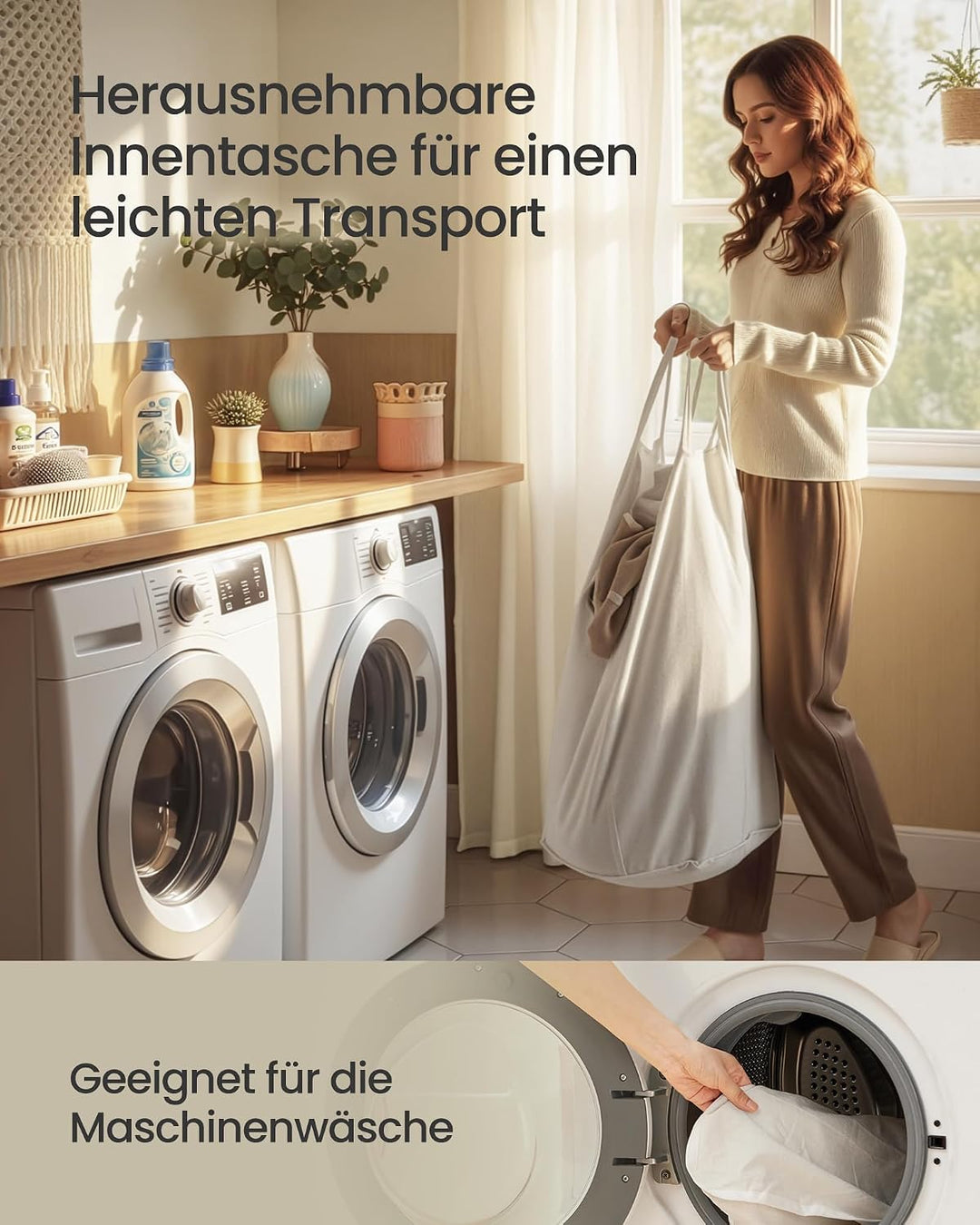 SONGMICS Wäschekorb mit Deckel, 60 L, Wäschesammler Bambus, rechteckig, Wäschebox mit Griffen, faltb