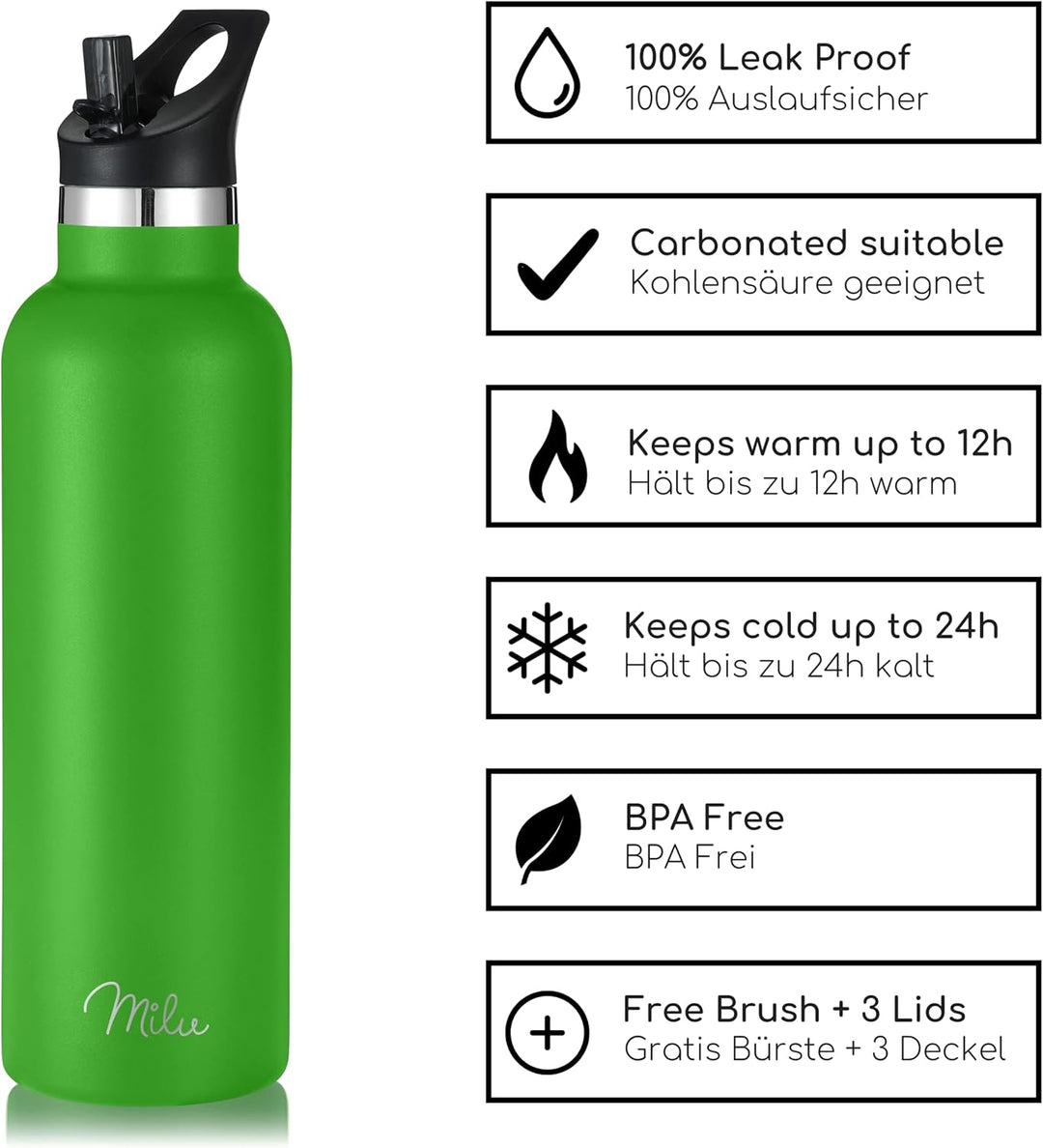 Milu Edelstahl Trinkflasche 350ml 500ml 750ml 1000ml (+3 Deckel) Thermosflasche mit Strohhalm, Isoli