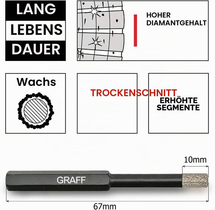 GRAFF Feinsteinzeug Bohrer 6mm für harte Fliesen Glas Кeramik Granit Stein - Diamantbohrer Fliesenbo