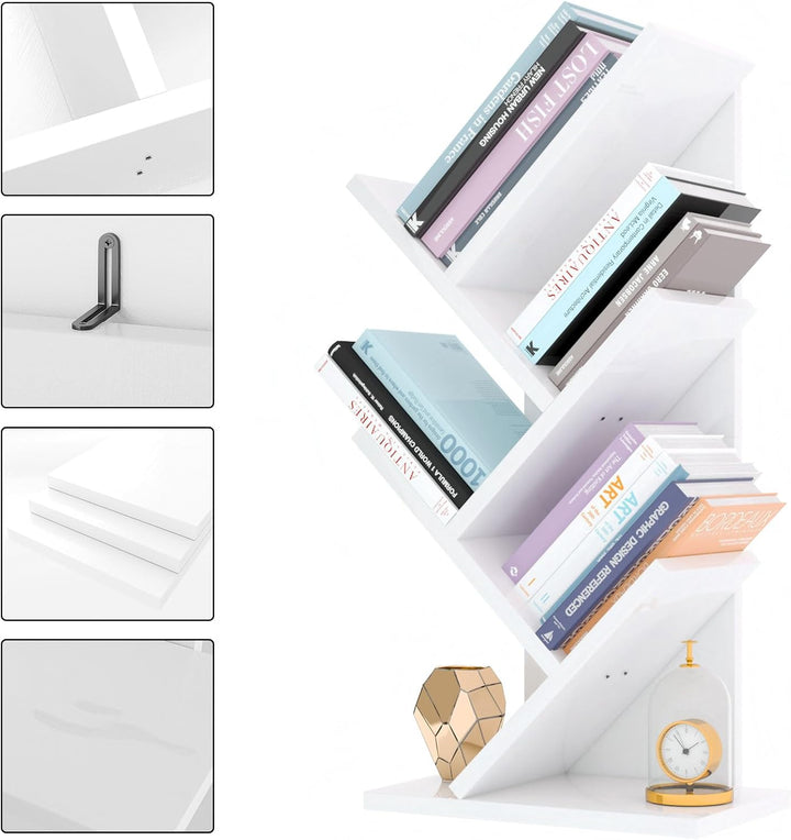 YMYNY Bücherregal im Baumform, 4 Ebenen Raumteiler, Standregal, 30x17x60 cm, Platzsparend, Holzregal