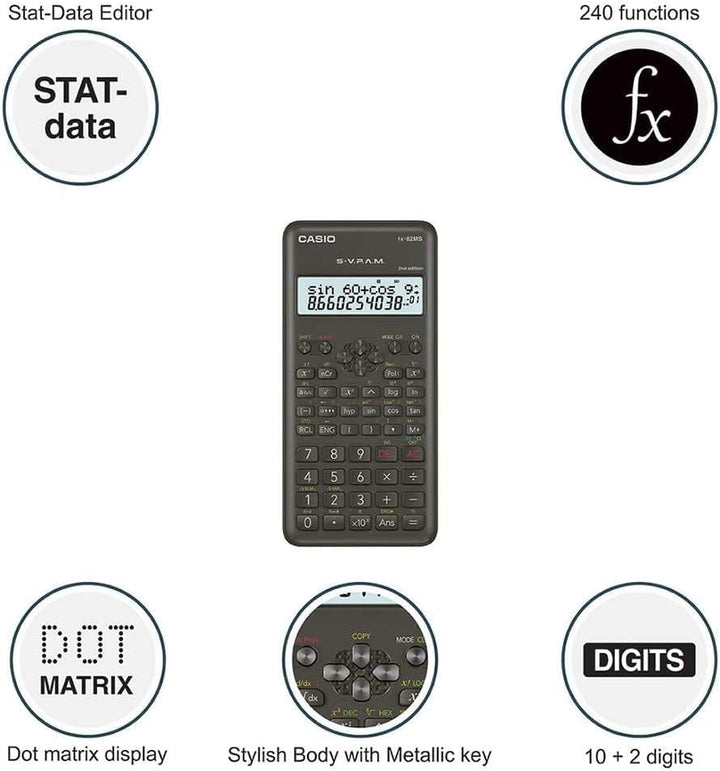 Casio fx-82MS Taschenrechner, wissenschaftlicher Taschenrechner, Schwarz, 12 Ziffern, 2 Zeilen, Batt