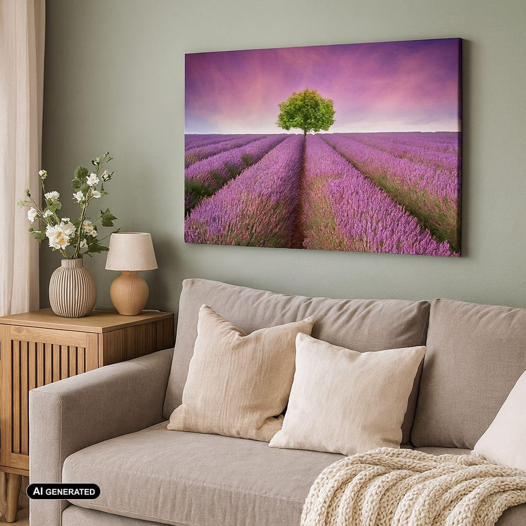 Bilder auf Leinwand 100x70cm Leinwandbild Wiese lavenda Sommer Landschaft Gross Wanddeko Bild Schlaf