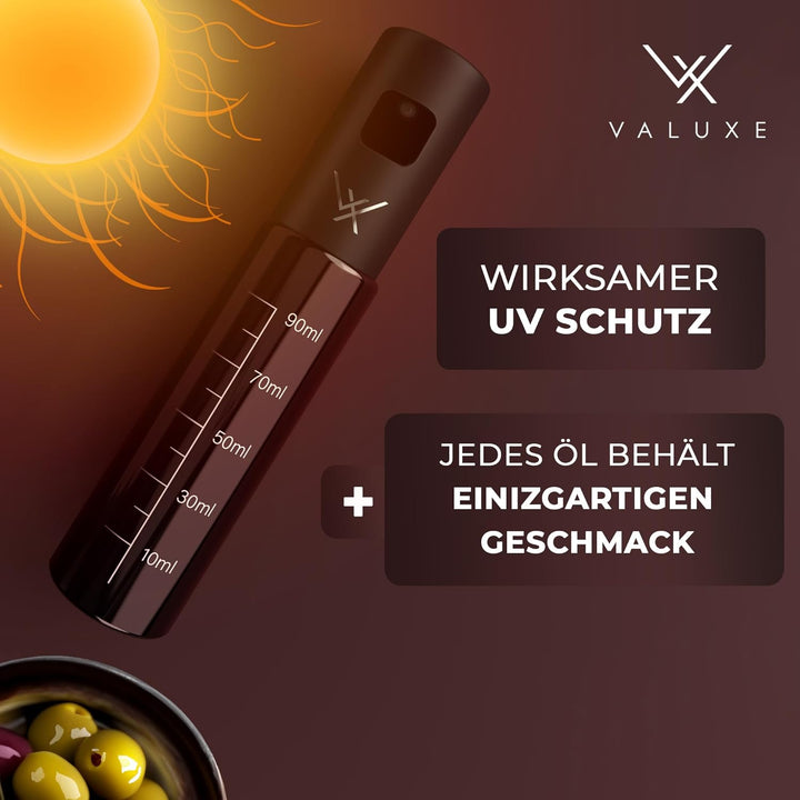 VALUXE® Ölsprüher für Speiseöl und Essig mit UV-Schutz Glas & Sprühfilter - Edelstahl Öl-Sprühflasch