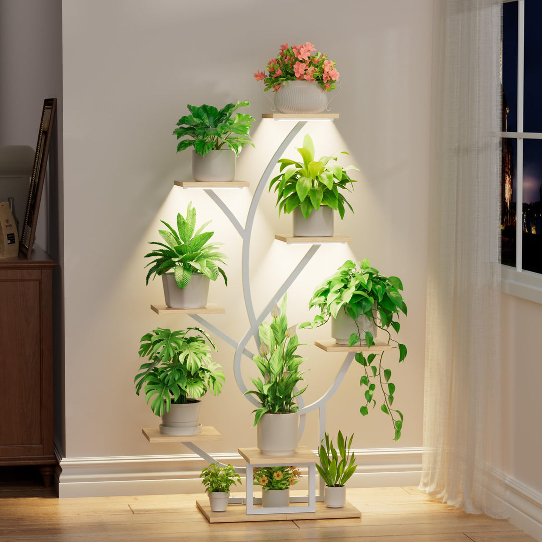 BACEKOLL Pflanzenständer mit Wachstumslicht - 8 Ebenen Blumenständer 126cm Metall Holz Pflanzenregal