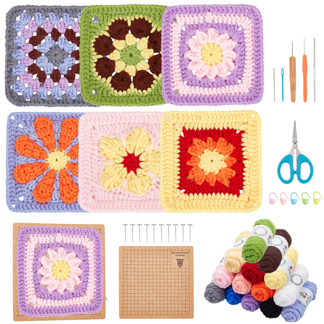 ORIGACH 6 in 1 Häkelset Für Anfänger, DIY Daisy Granny Square Starter Häkelset Mit Häkelblockiermatt