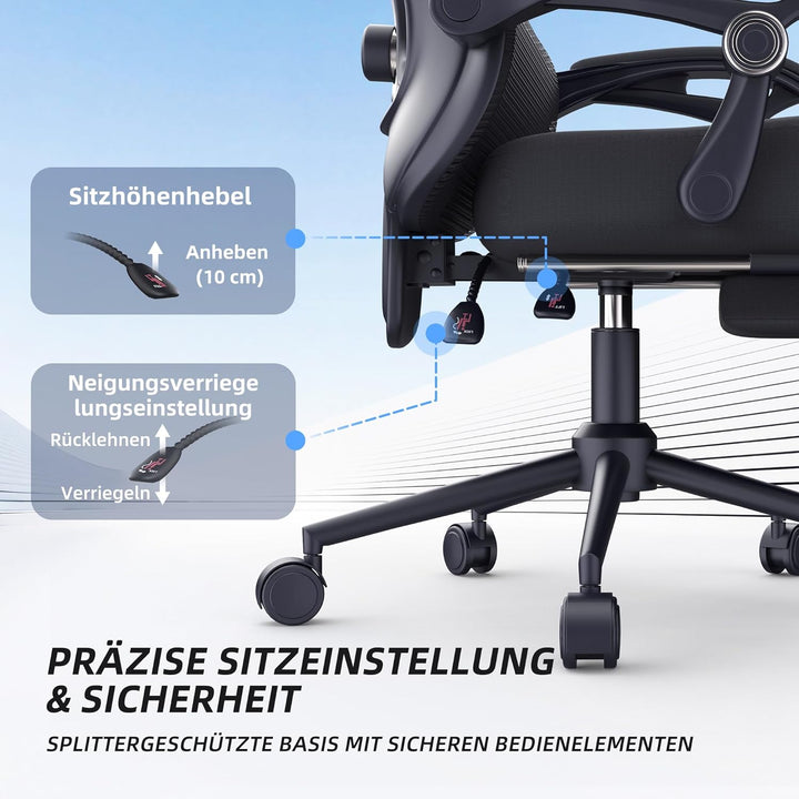 CYKOV Ergonomischer Bürostuhl mit Fussstütze, Büro Stuhl & Gaming Stuhl 150 kg+, 90-160° Verstellbar