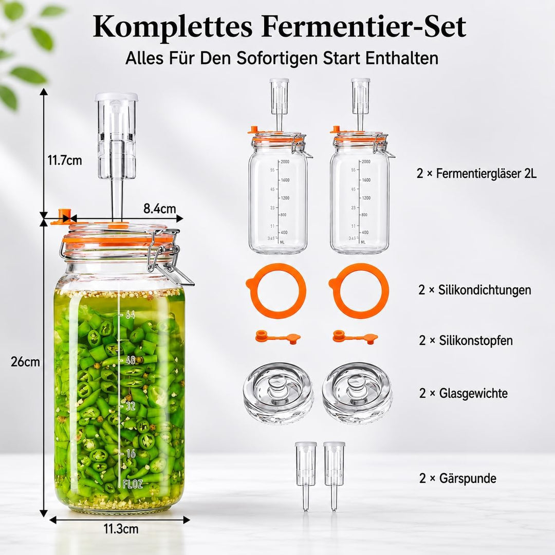 Fermentiergläser, je 2 L, Glas-Fermentierset mit Airlock und Gewichten für Sauerkraut, Kimchi, Pickl