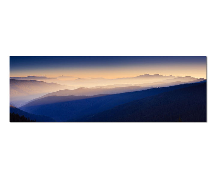 Paul Sinus Art Panoramabild auf Leinwand und Keilrahmen 150x50cm Sonnenaufgang Landschaft Berge Nebe