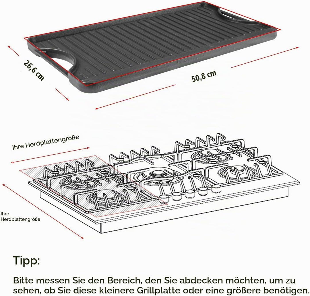 Denmay 50,8 x 26,6cm Gusseisen-Grillplatte für Gasherd, Vorgewürzter reversibler Kochgrill &amp; Grillpf
