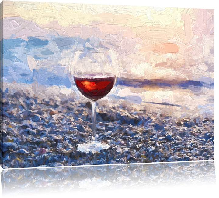 Pixxprint Weinglas am Strand / 100x70cm Leinwandbild bespannt auf Holzrahmen/Wandbild Kunstdruck Dek