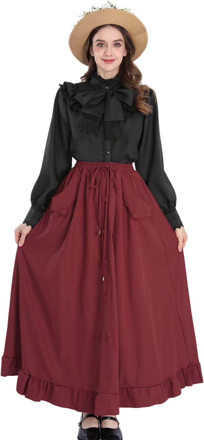 CR ROLECOS Schleifenhemd Stehkragen mit Ruff Langarmshirt Mittelalter Bluse rüschen Button Down Top