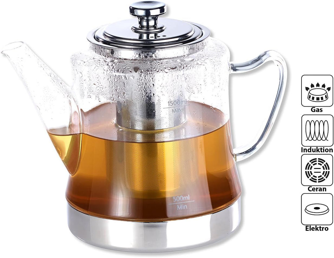 Rosenstein & Söhne Teekocher: 2in1-Glas-Teebereiter & Teekanne für alle Herde, auch Induktion, 1,5 l