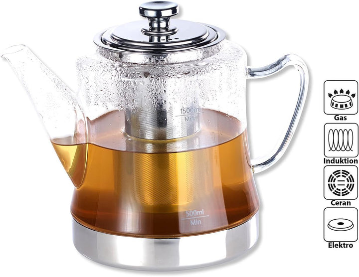 Rosenstein & Söhne Teekocher: 2in1-Glas-Teebereiter & Teekanne für alle Herde, auch Induktion, 1,5 l