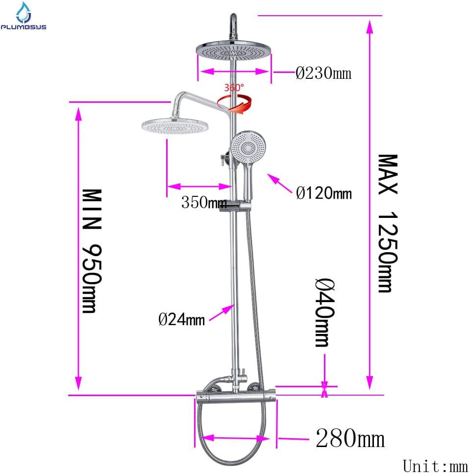 Plumbsys Duschsystem mit Thermostat,9.5” Runde Regendusche mit Thermostat armatur, Handbrause mit 3