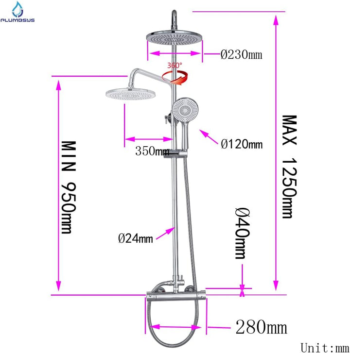 Plumbsys Duschsystem mit Thermostat,9.5” Runde Regendusche mit Thermostat armatur, Handbrause mit 3