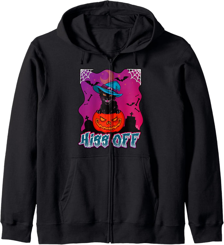 Hiss Off Schwarzes Katzenhemd Halloween Katzenhexenhut Kapuzenjacke
