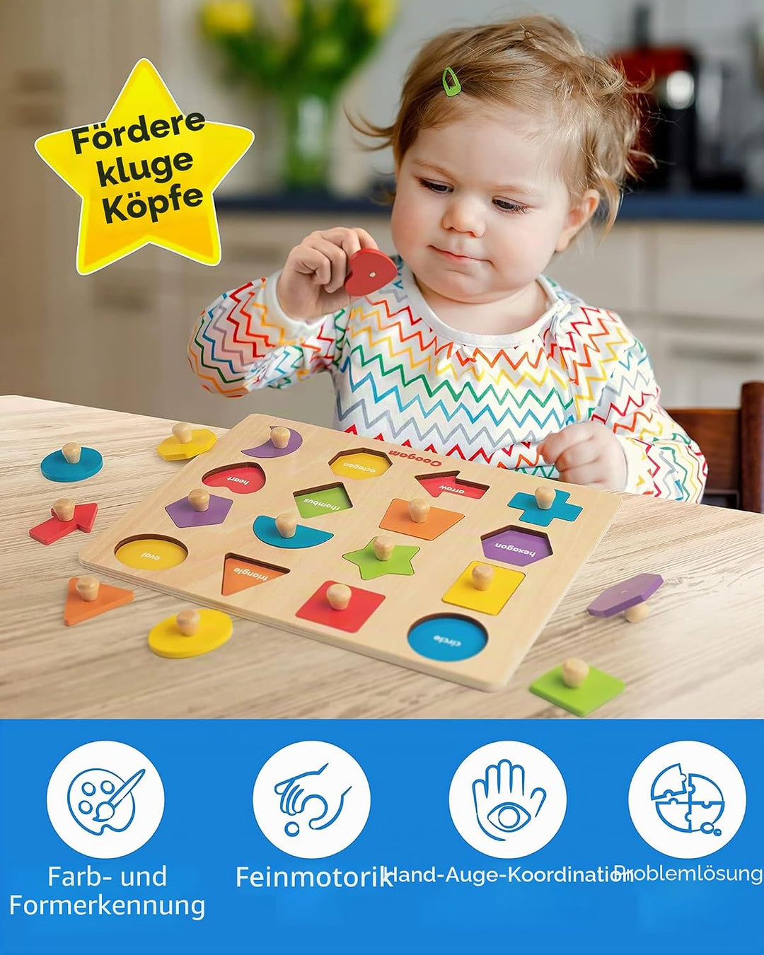 Coogam Montessori-Spielzeug, Holzform, Steckpuzzle, Feinmotorik, farblich passendes Sortierbrett, fr