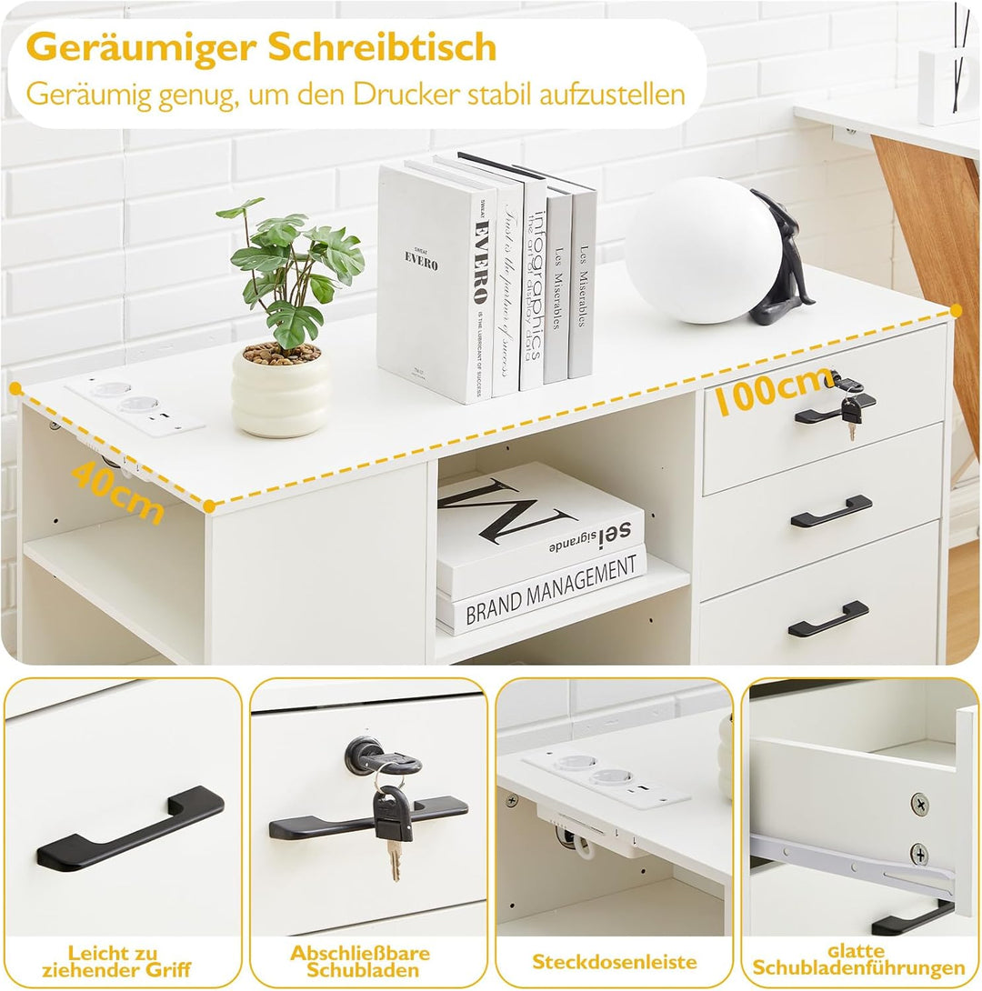 CLIPOP Rollcontainer,abschliessbar,mobiler Aktenschrank mit 5 Rollen,3 Schubladen,Schubladenschrank