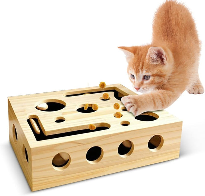 Beschäftigungsbox Krallenfeile Katzen, 30X25X8CM Kratzpuzzle Spielbox Holz Katzen, Interaktives Futt