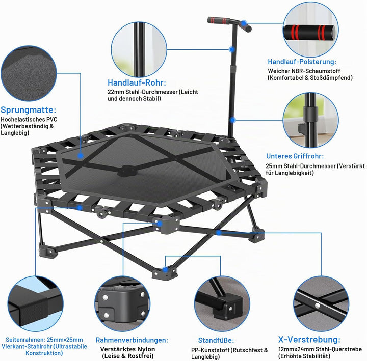 Fitness Trampolin Klappbar, Mini Trampolin Indoor 106cm mit 3-Fach Höhenverstellbarem Griff, Extra S