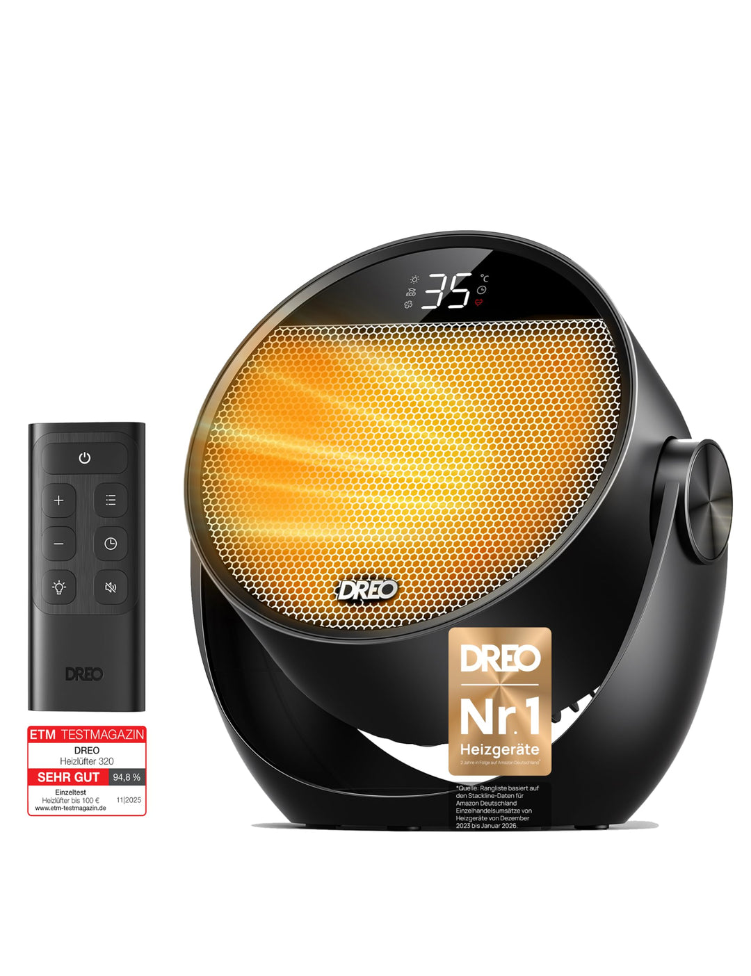 Dreo Heizlüfter Energiesparend Klein, Leiser 1500W Tragbar Heizlüfter mit Fernbedienung, Thermostat,