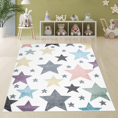 payé Teppich Kinderzimmer - Cream Bunt - 140x200cm - Sterne in Pastellfarben Sternenteppich Spieltep