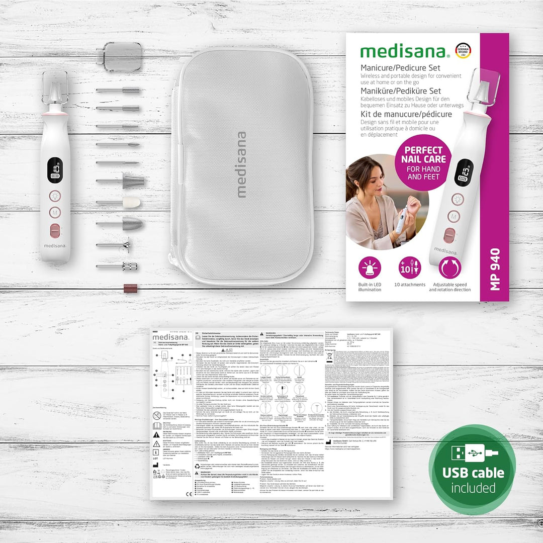 medisana MP 940 Maniküre & Pediküre Set kabellos, Nagelfeile elektrisch, Nagelfräser und Hornhautent