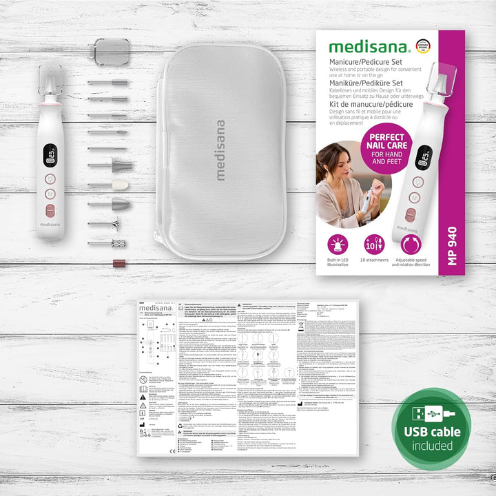 medisana MP 940 Maniküre & Pediküre Set kabellos, Nagelfeile elektrisch, Nagelfräser und Hornhautent